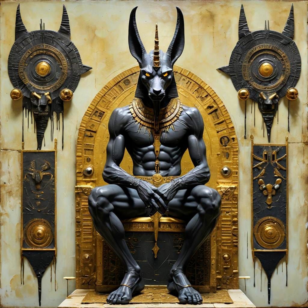 Surreal Cyberpunk Encaustic Tears Consume Cybernetic Anubis