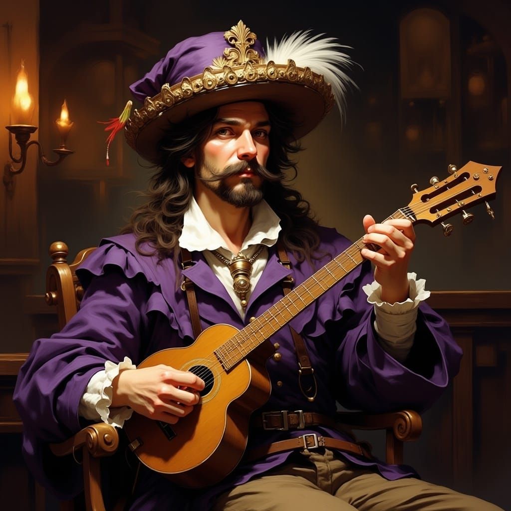 Medieval Bard in Purple Dress Playing Lyre