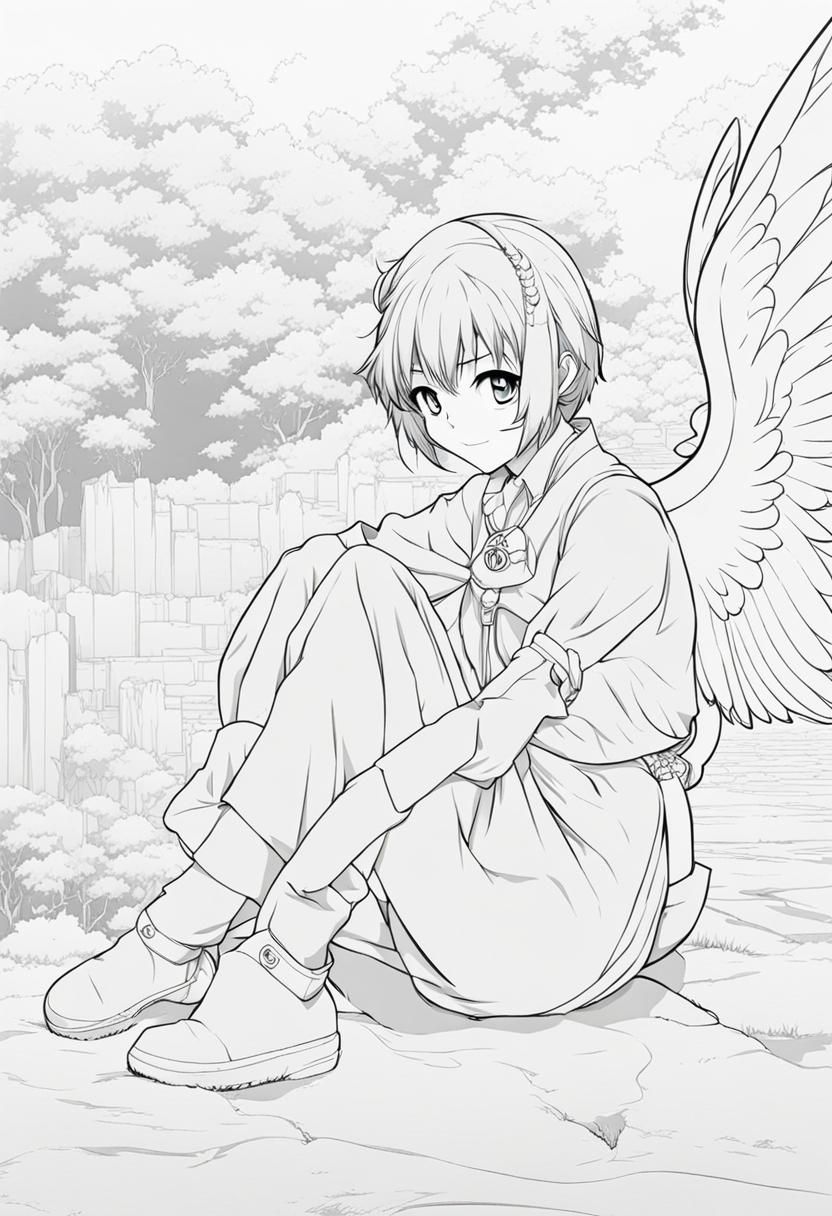 Anime Style Line Art of Crouching Angel