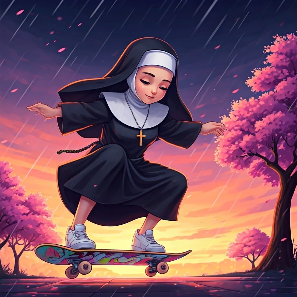 Nun Does Skateboard Trick in Whimsical Style