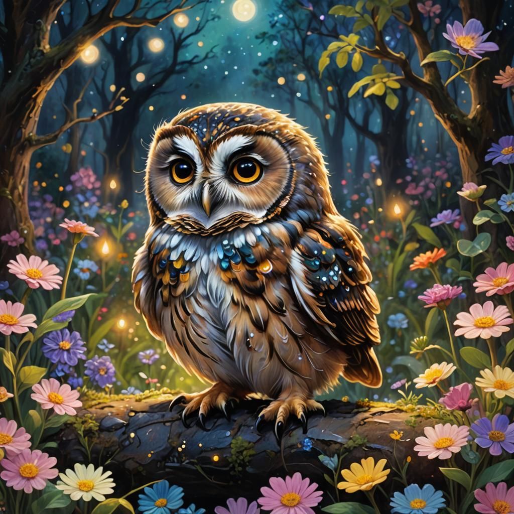 Cute Baby Owl in Enchanted Garden at Night