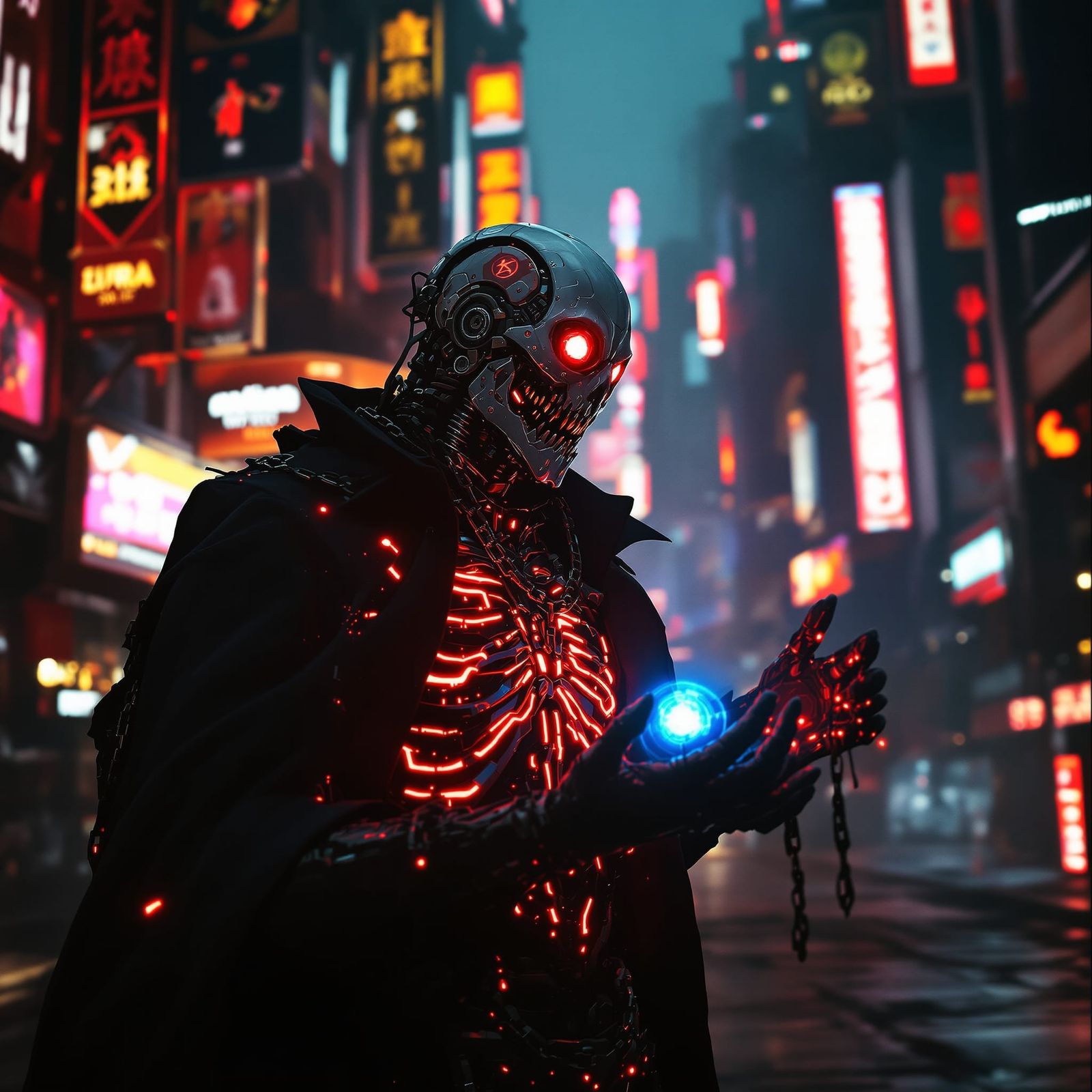 Terrifying Techno-Lich Conjures Spell in Cyberpunk City
