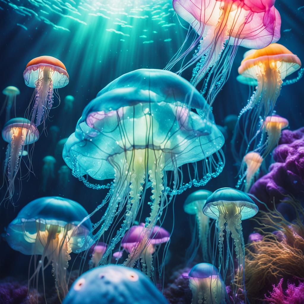 Luminous Crystal Jellyfish Underwater in Cinematic Style
