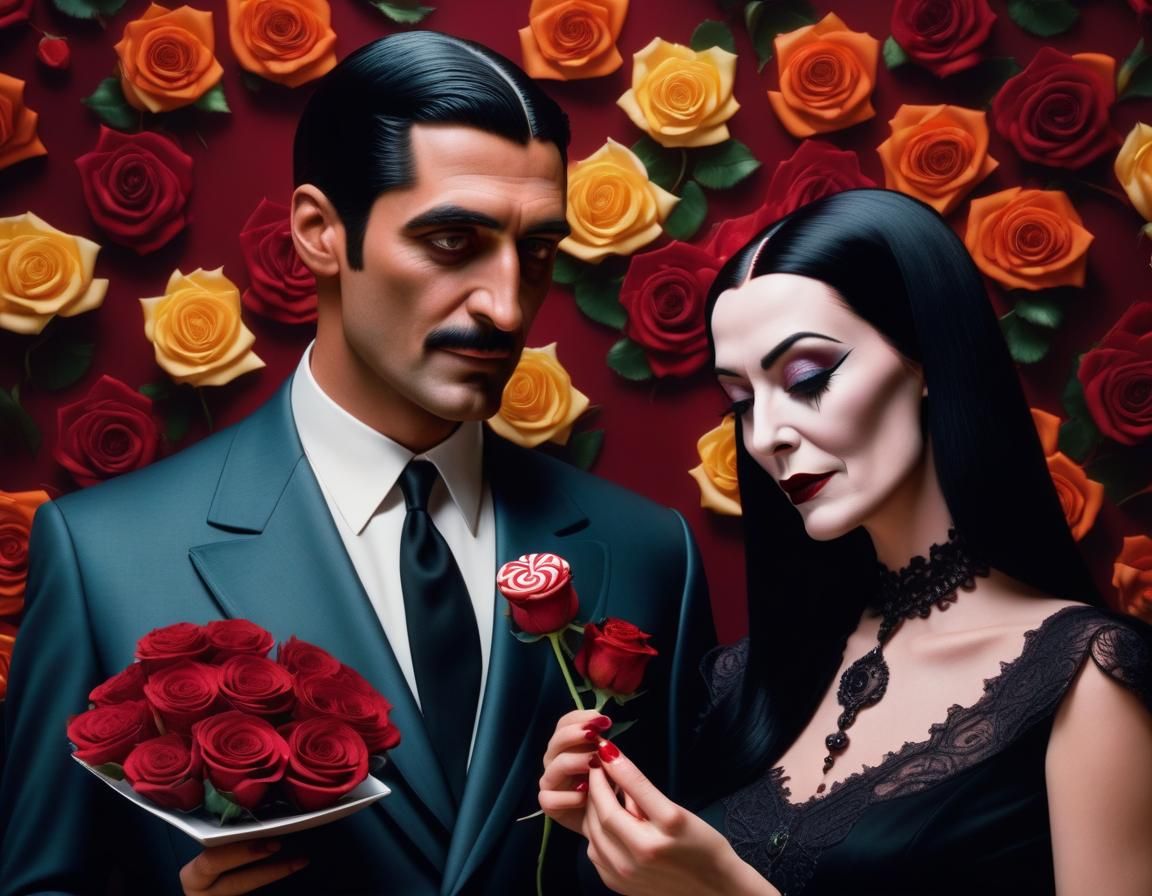 Gomez and Morticia Addams Exchanging Gifts