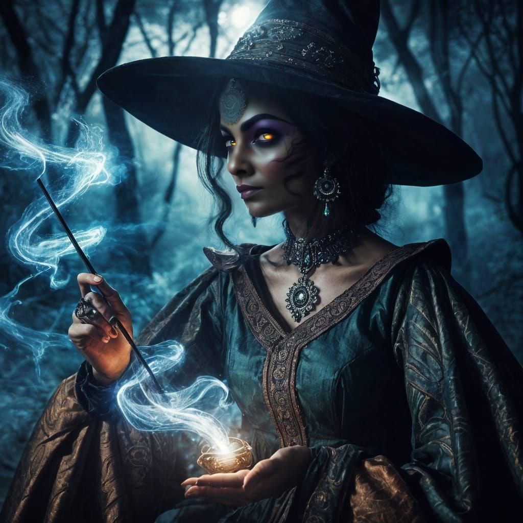 Mystical South Asian Witch Casting Spells in Dark Forest