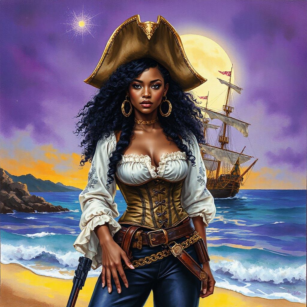 African Pirate Goddess in Watercolor and Ink Style