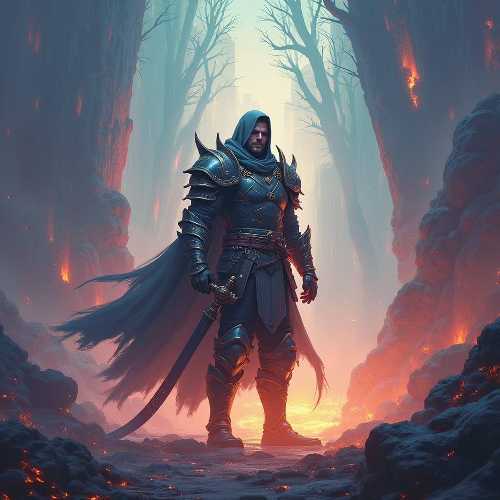 Anime Warrior in Mystical Realm: Detailed Matte Painting