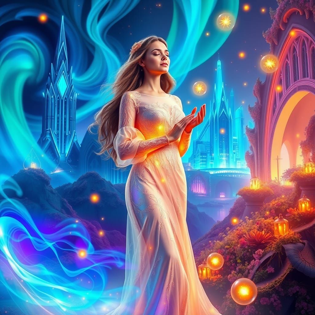 Radiant Goddess of Gratitude ina Dreamlike Landscape