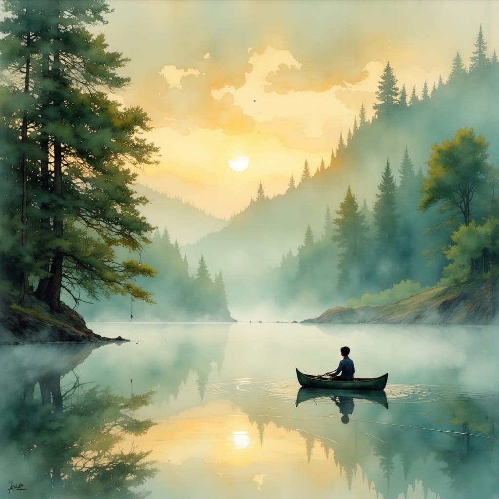 Ethereal Lake Dawn with Young Fisherman in Canoe