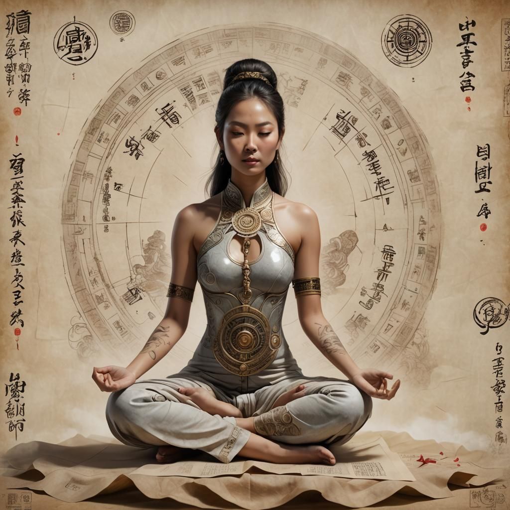 Meditating Woman in Bodysuit with Sacred Symbols