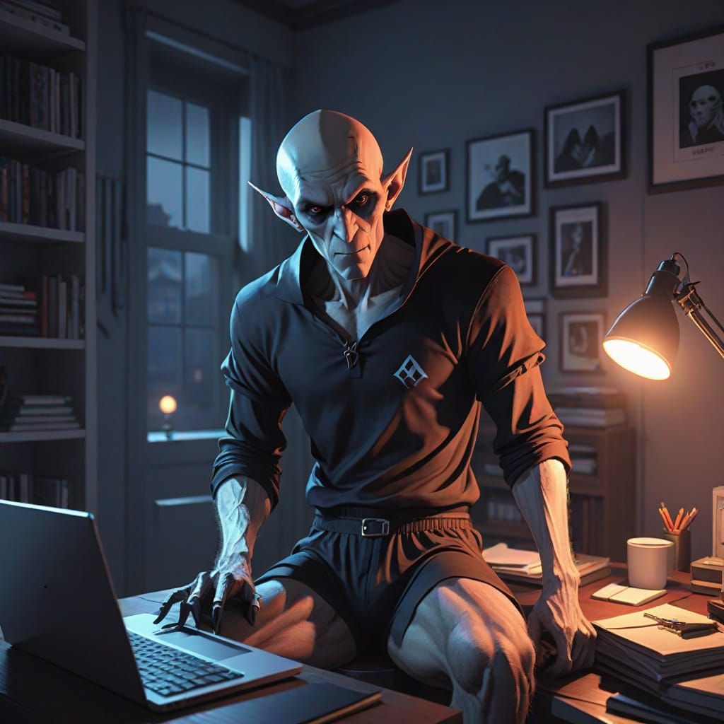 Modern Day Nosferatu Works from Home in His Underwear