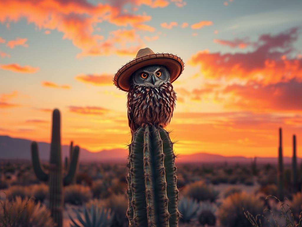 Wise Old Owl in Desert Sunset, Hyperrealistic Style