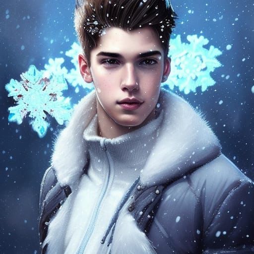 Hyperdetailed Portrait of Cute Teen Boy with Snowflakes