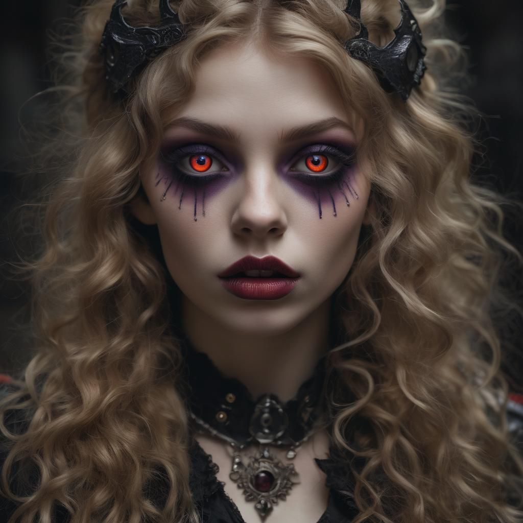 (full body) close-up, big lips, dark blonde, long curly hair...