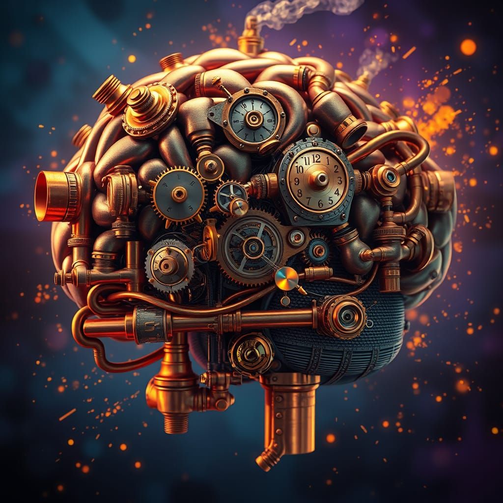 Intricately Mechanized Steampunk Brain with Copper Pipes and...