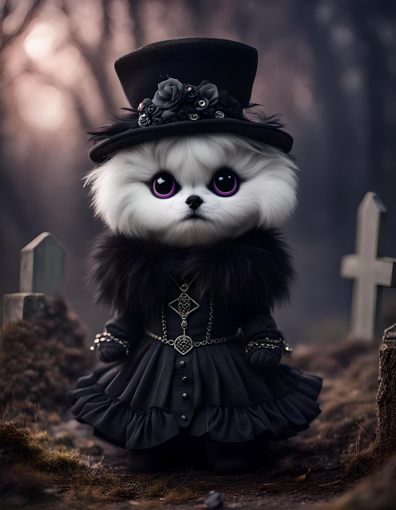 Gothic Couture Plushie in Graveyard Setting