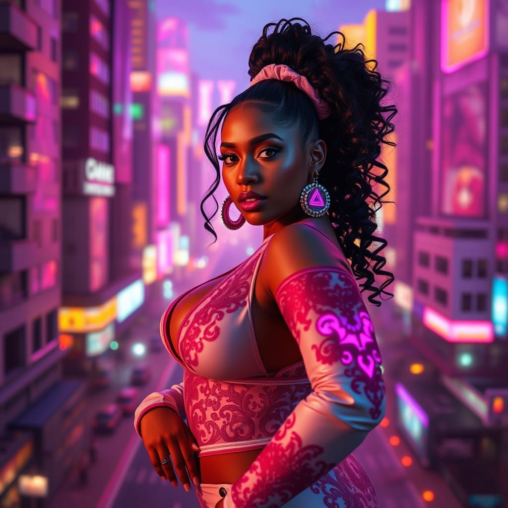 Sultry Cyberpunk Goddess in Urban Paradise