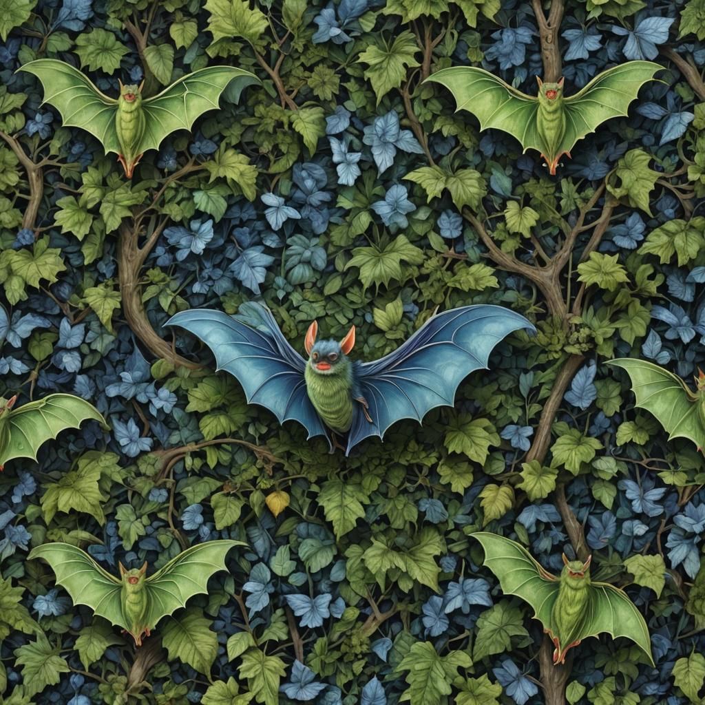 Green Bat in Blue Forest: Hyperrealistic Maximalism