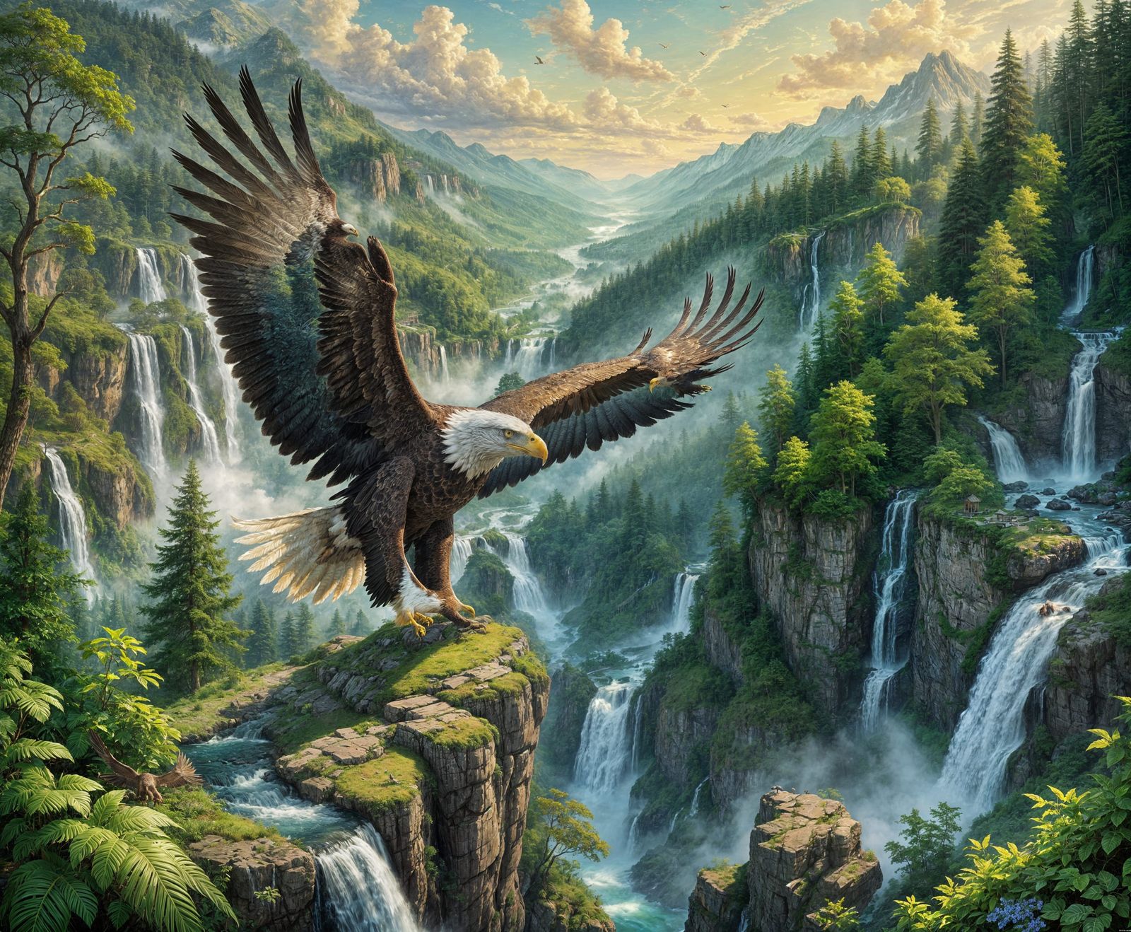Majestic Eagle Soaring Over Lush Landscape, Hyperrealistic P...