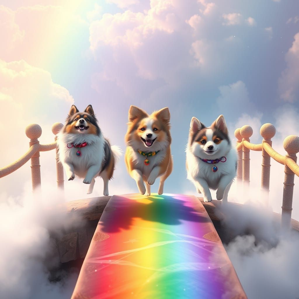 Dogs Play on Rainbow Bridge in Anime Art