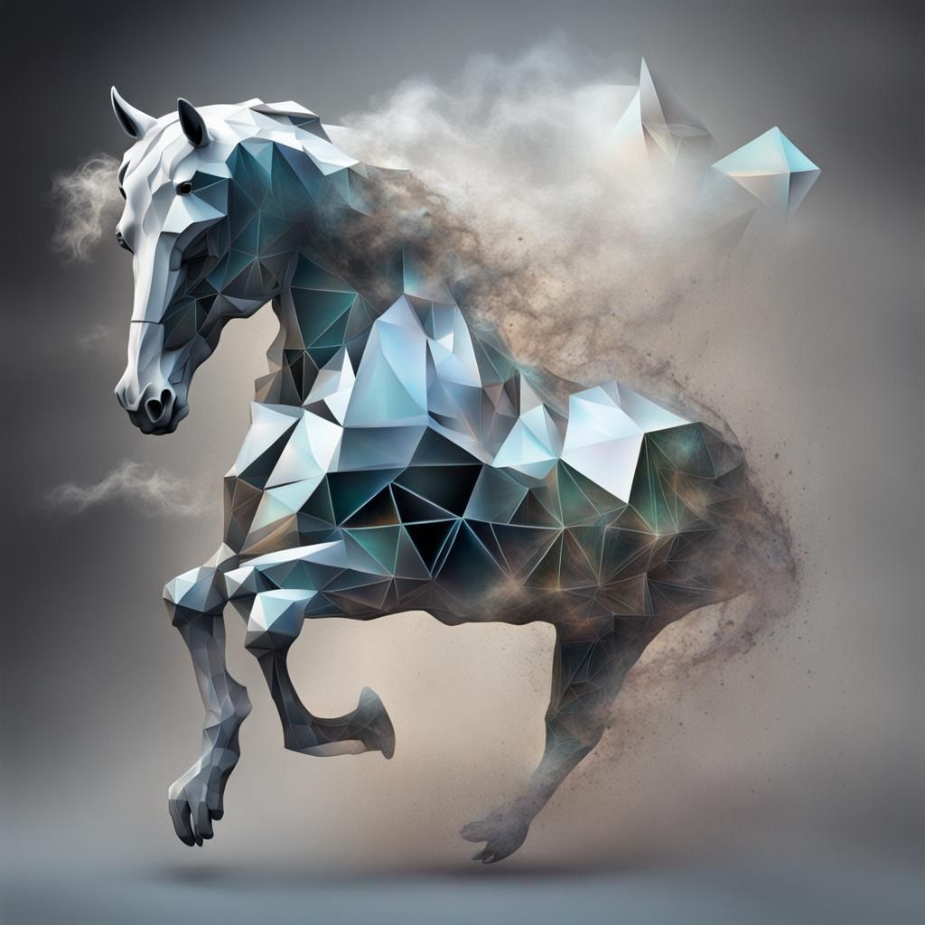 Holographic Cubist Horse Disintegrating in Smoke