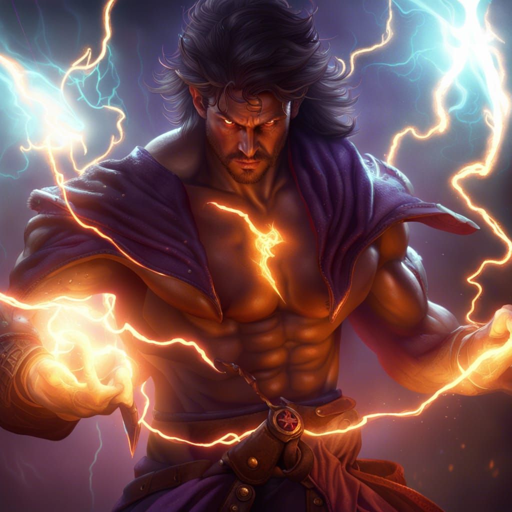 Muscular Sorcerer Casting Lightning Spell in Dark Fantasy Ar...