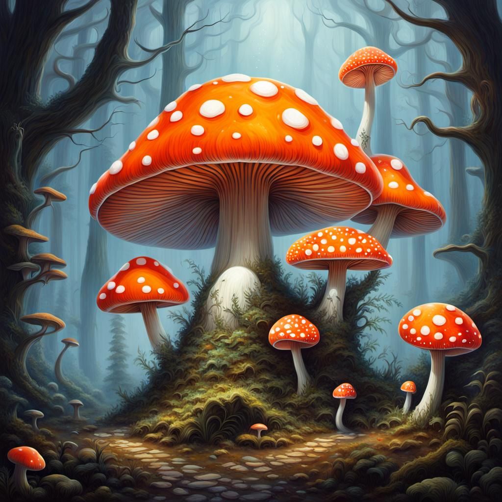 Surreal Giant Mushroom Scene in Dreamy Style