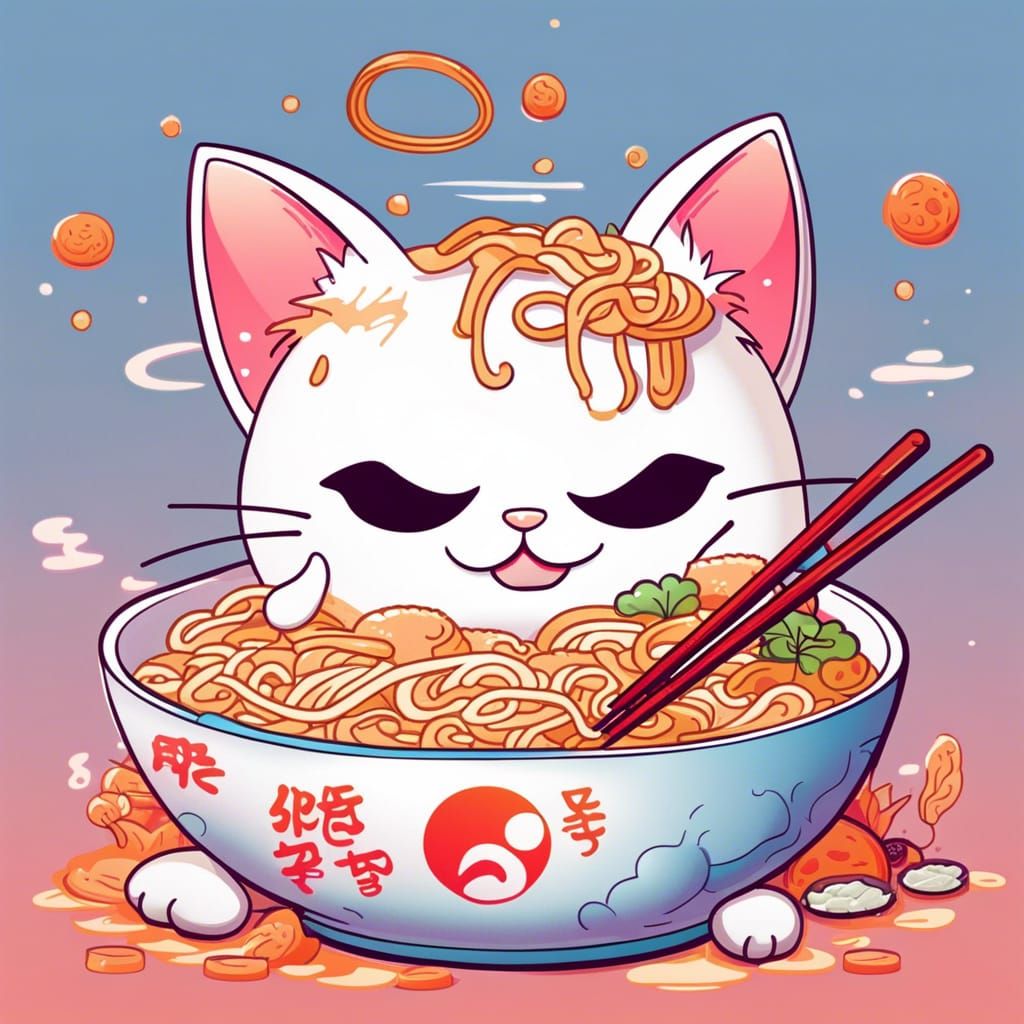 Kawaii Cat Enjoys Ramen: Vector Illustration