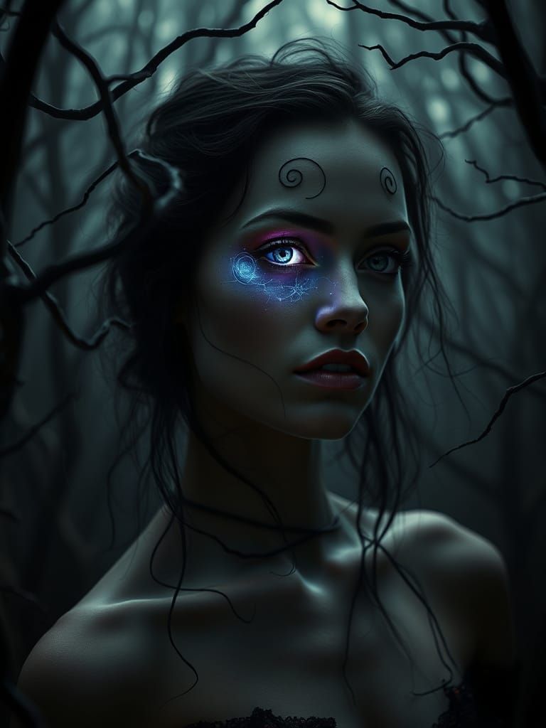 Ethereal Woman in a Dark, Mystical Forest