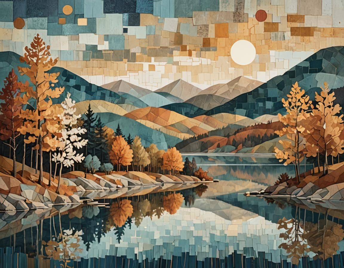 Lakeside Autumn Scene in Mixed Media Collage