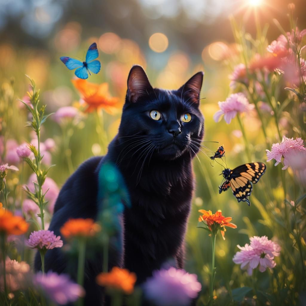 Black Cat with Butterfly in Floral Field Photo