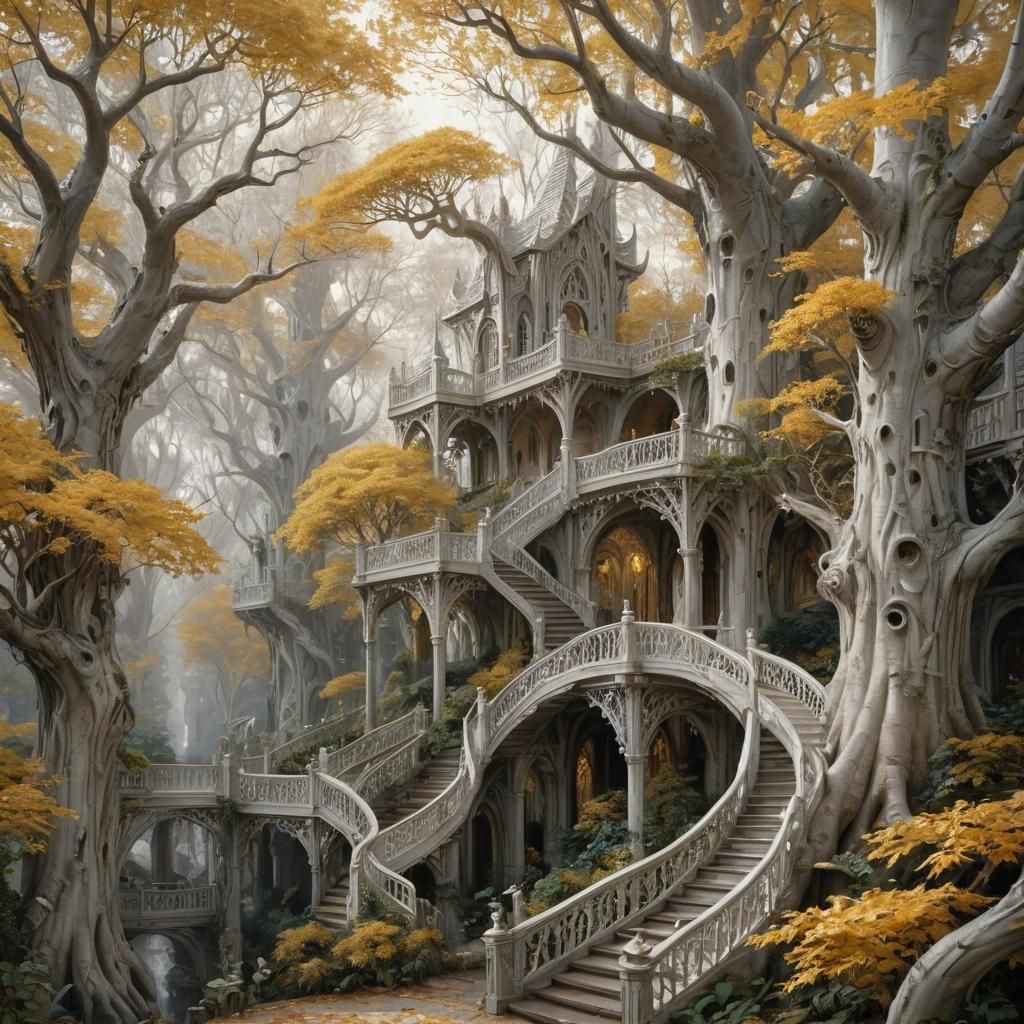 Lothlorien: Golden Elven City in Kinkade Style