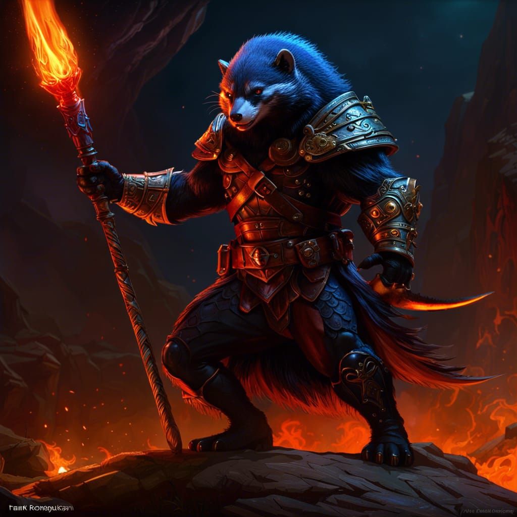 Honey Badger Sorcerer with Fiery Aura in Dark Fantasy Style
