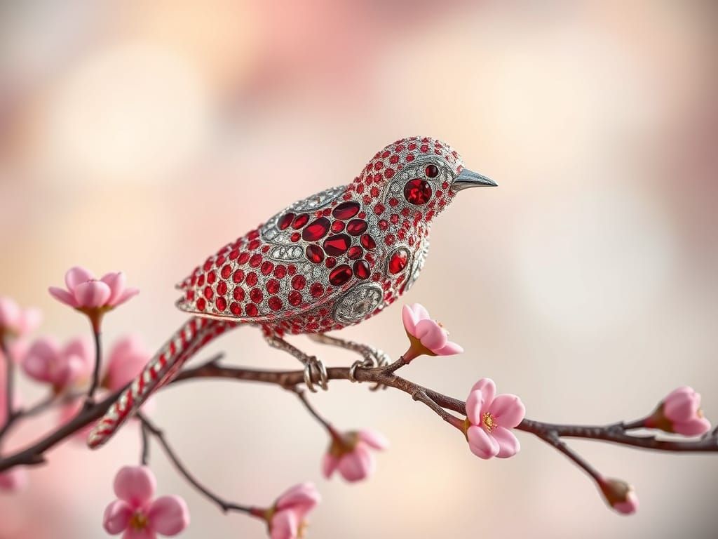 Luxurious Jewel-Encrusted Bird in Vibrant Reds and Silvers