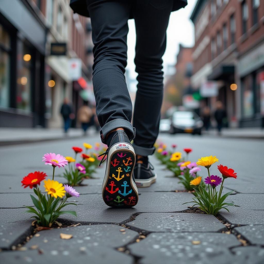 Surreal Bloom: Flowers Emerge from Cracked Sidewalk