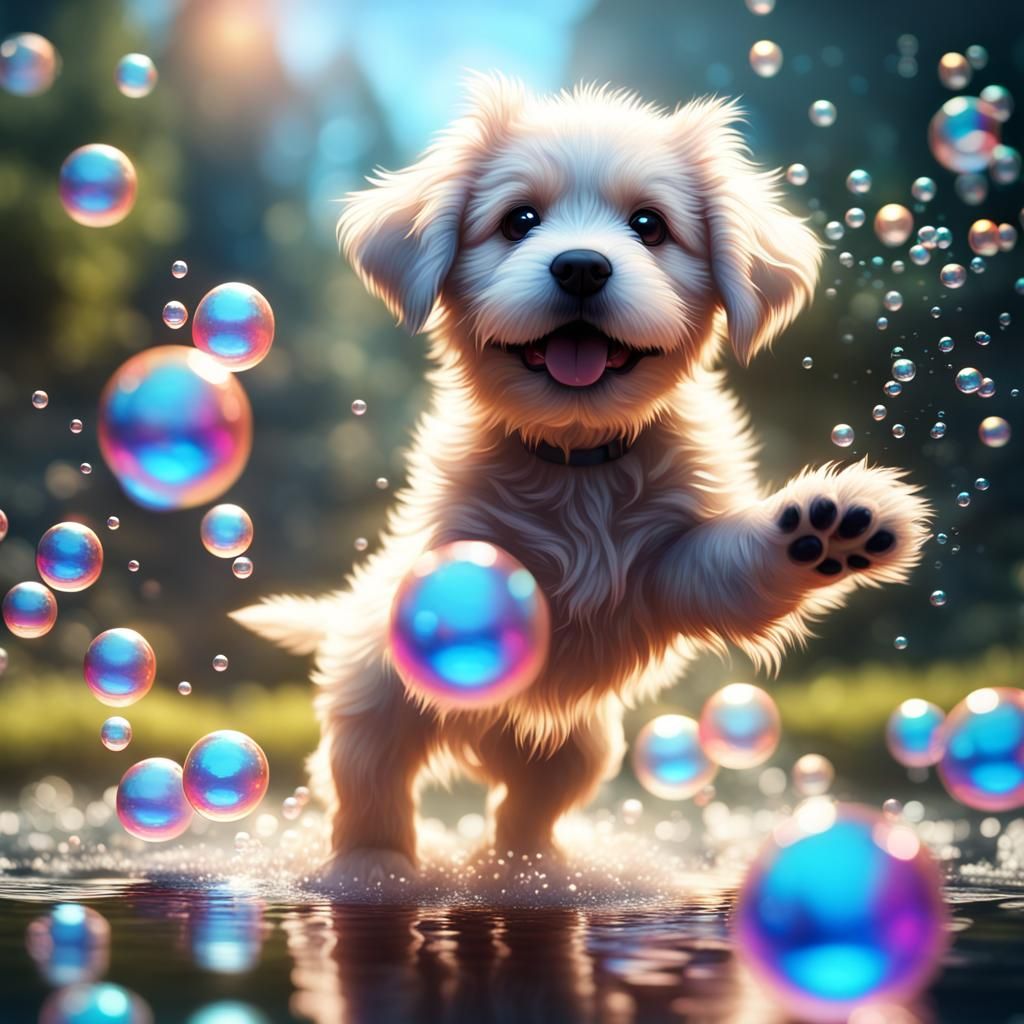 Fluffy Puppy's Bubble Joy: Detailed Matte Painting