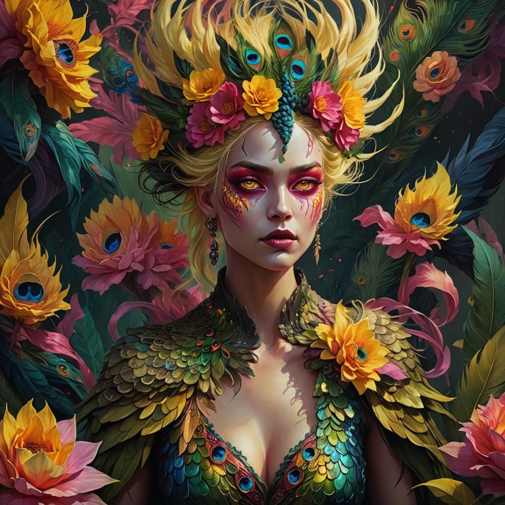 Dragon Peacock Woman in Dark Fantasy Style