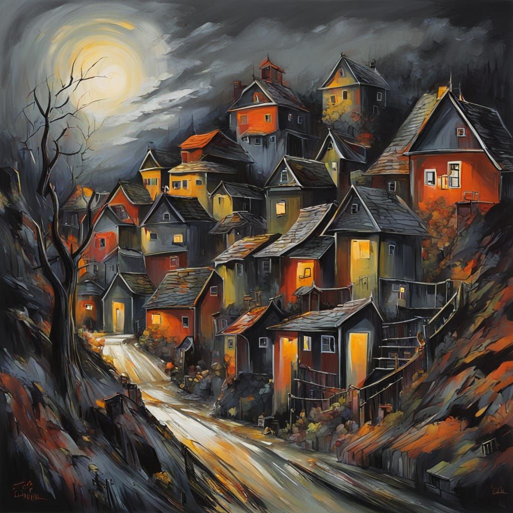 Eerie Village in Expressionist Style