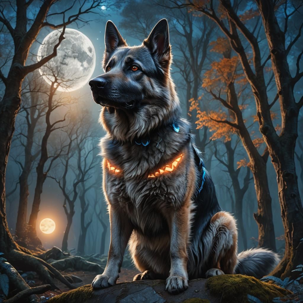 Majestic Runed German Shepherd in Mystical Forest