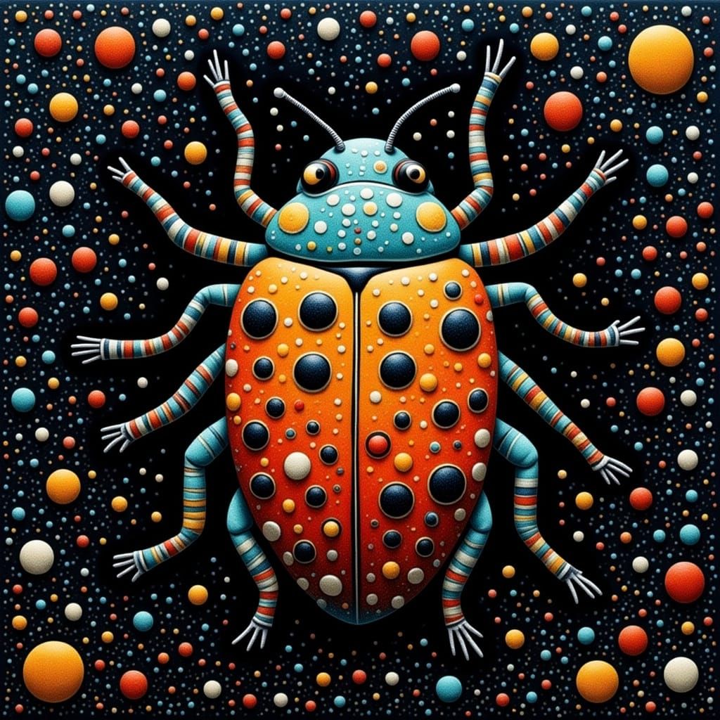 Doll in Midpoint Pointillism with Rust and Teal Accents