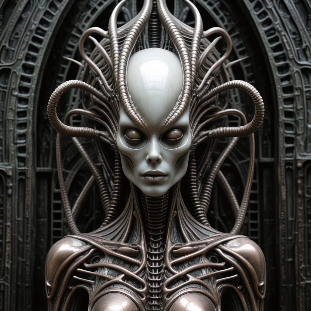 Biomechanical Feminine Face in Surreal Ossified Lattice