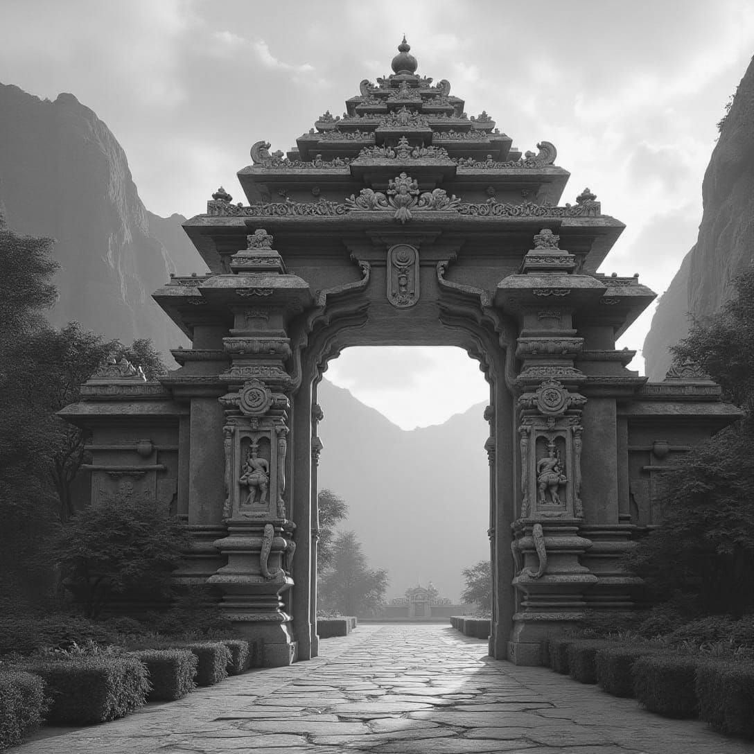 Hindu Temple Gate in Mountains, Classical Painting