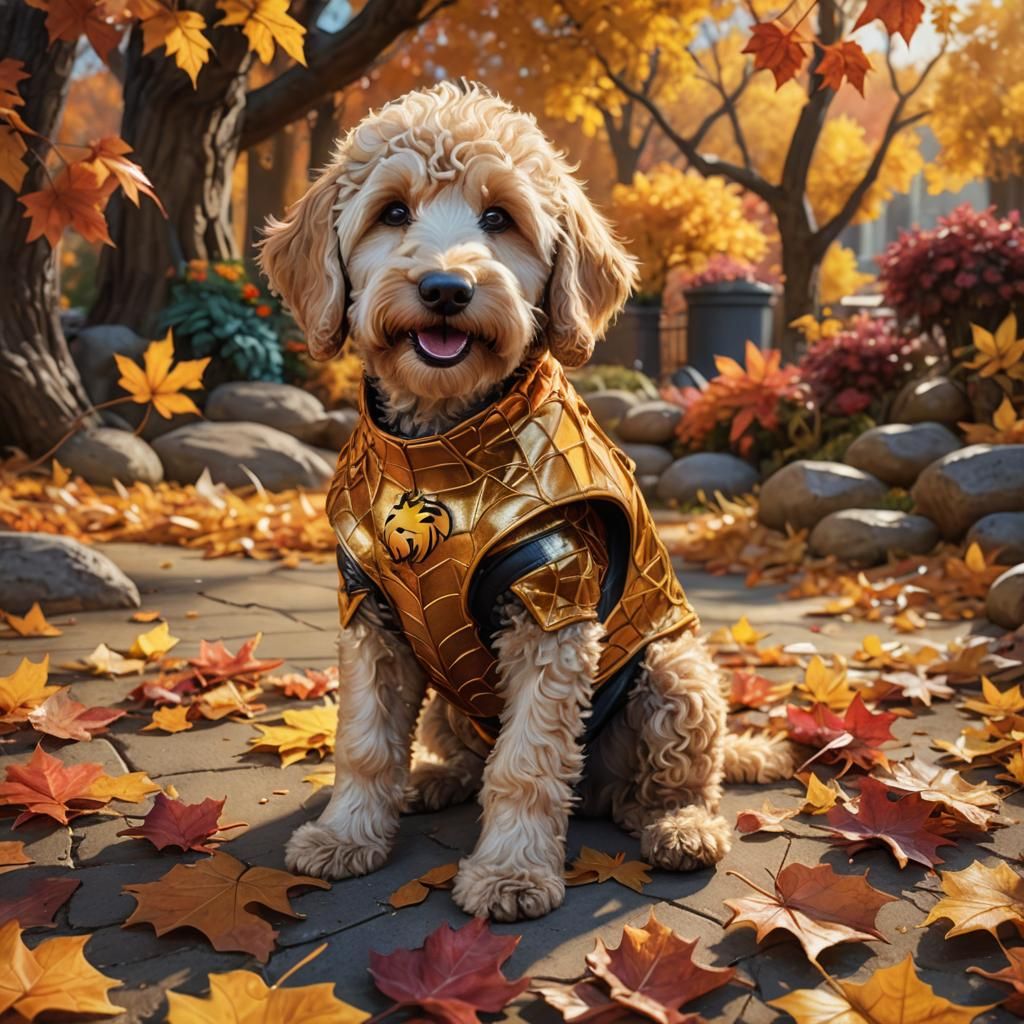 Golden Doodle Spider Puppy in Autumn, Ash Thorp Style