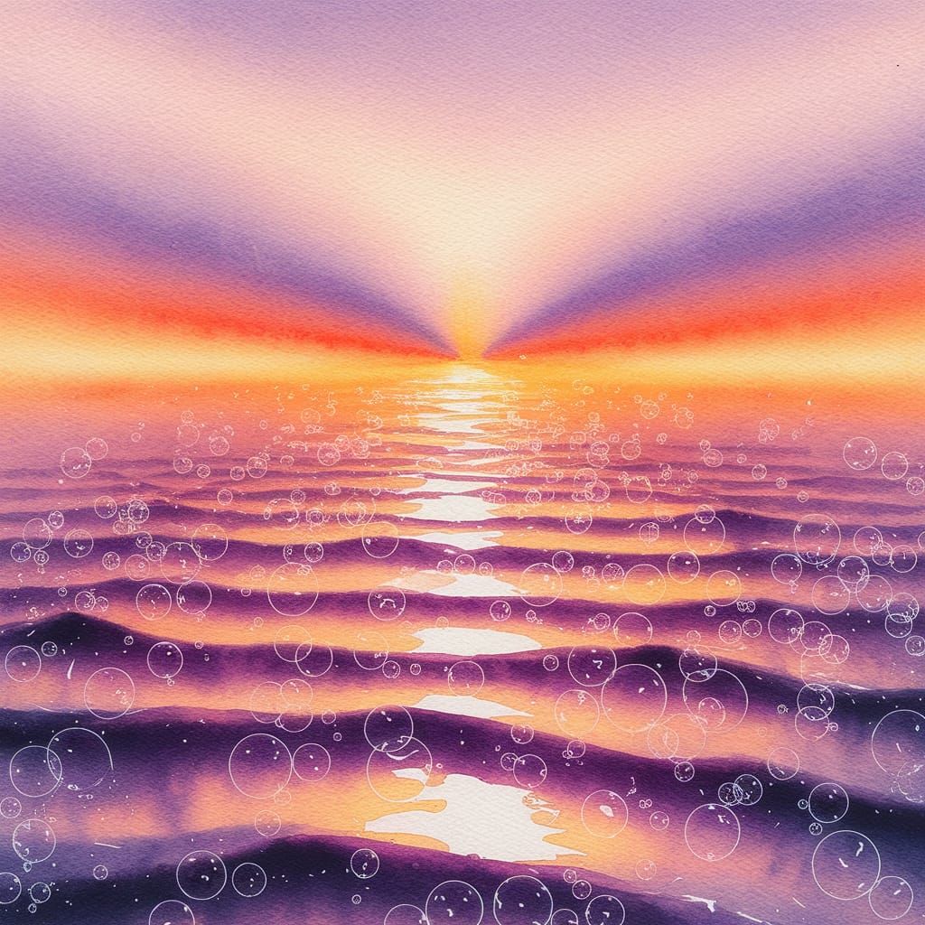 Surreal Watercolor Seascape with Soft Purple and Vibrant Ora...