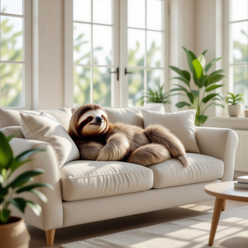 Sloth Relaxing on Sofa in Cozy American Living Room