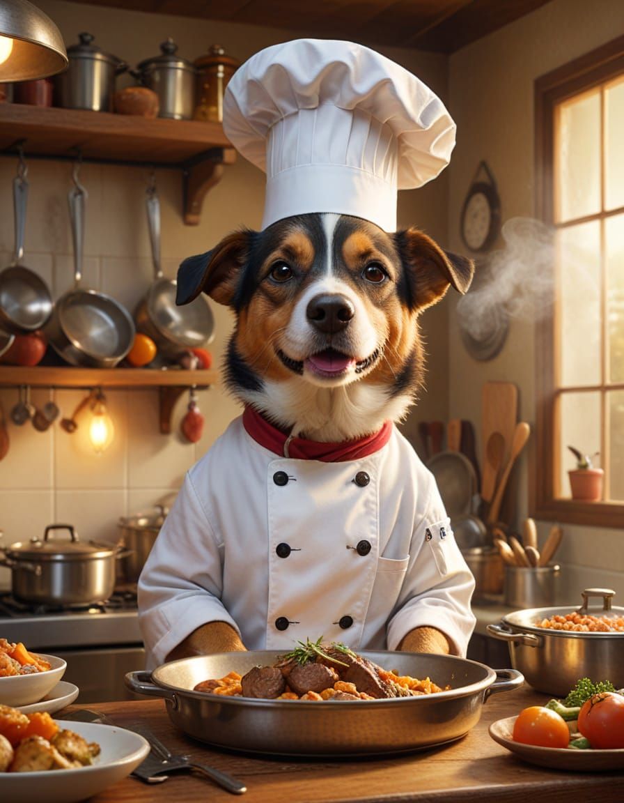 Dog Chef Prepares Whimsical Dinner in Cozy Kitchen