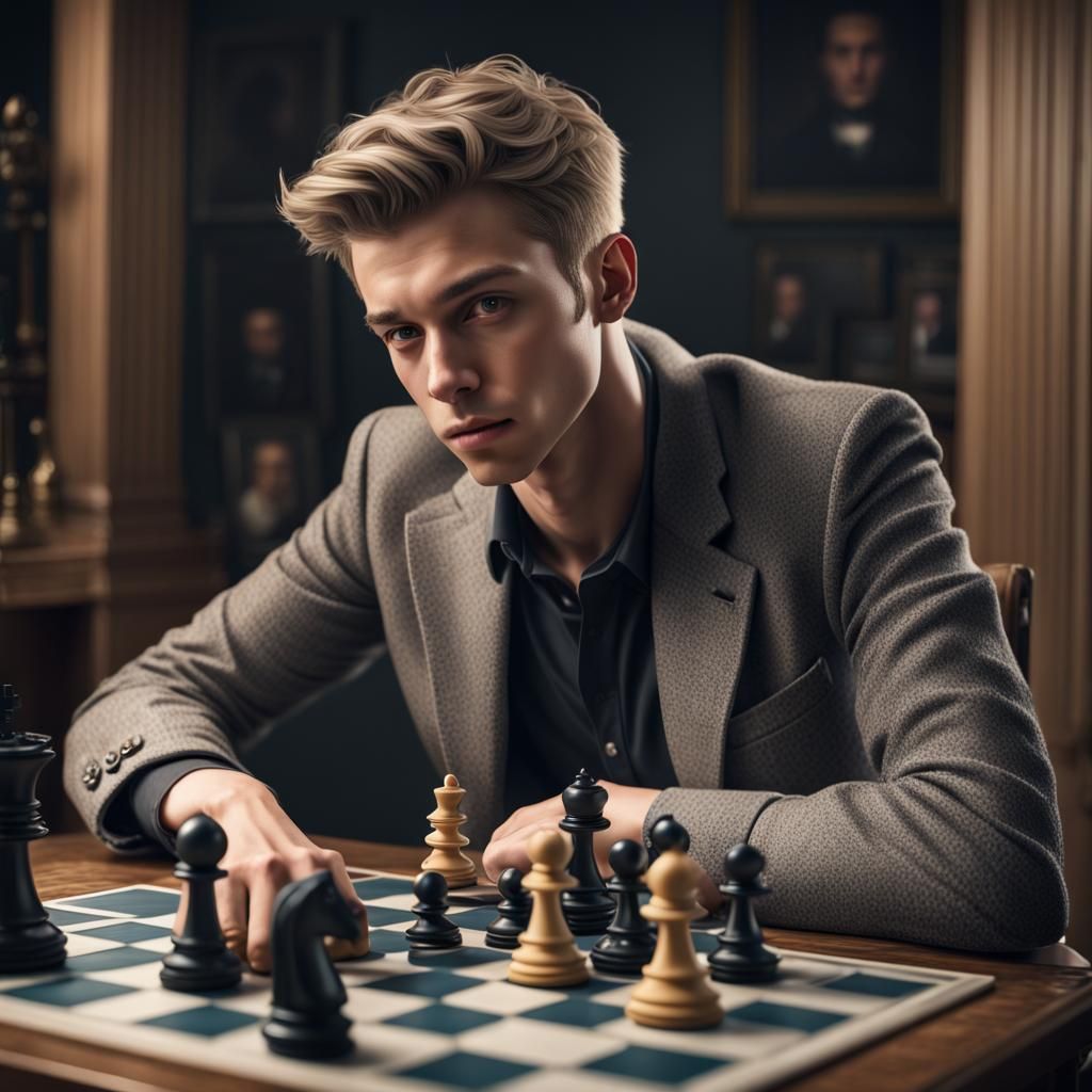 Handsome Young Man Playing Chess in Photorealistic Style