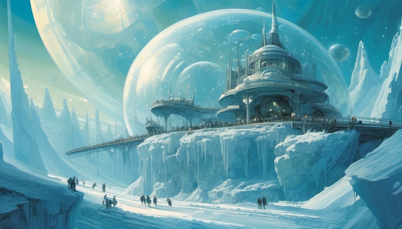 Icy Moon Habitat in Science Fiction Art Style