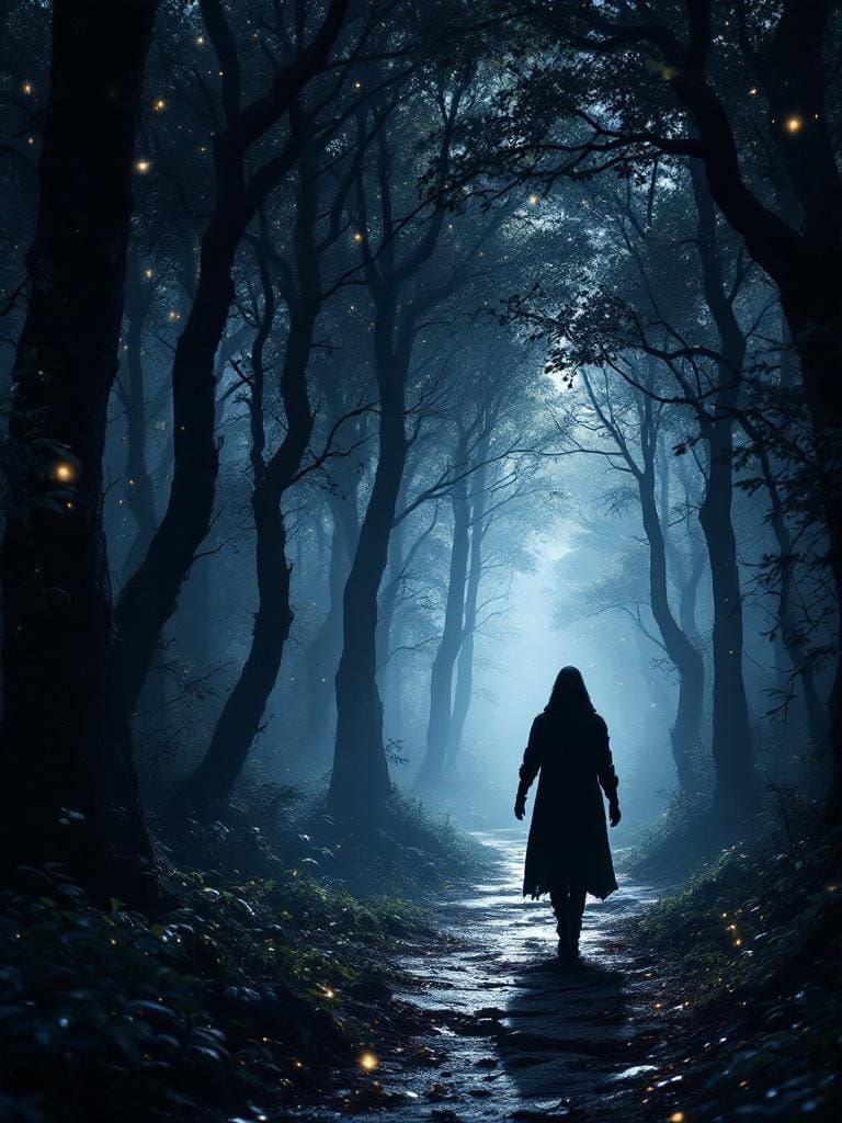 Adventurous Wanderer in Shadowy, Glittery Forest