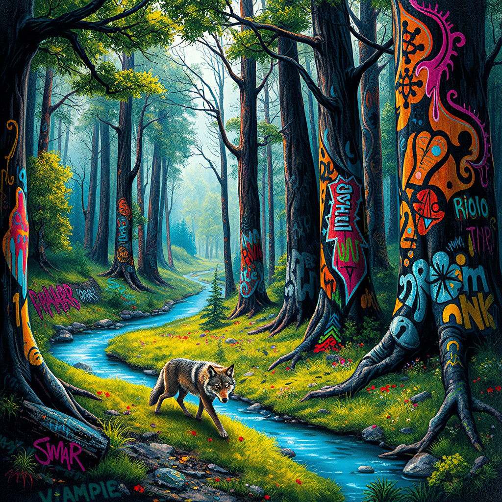 Wolf in Graffiti Forest: Street Art Style